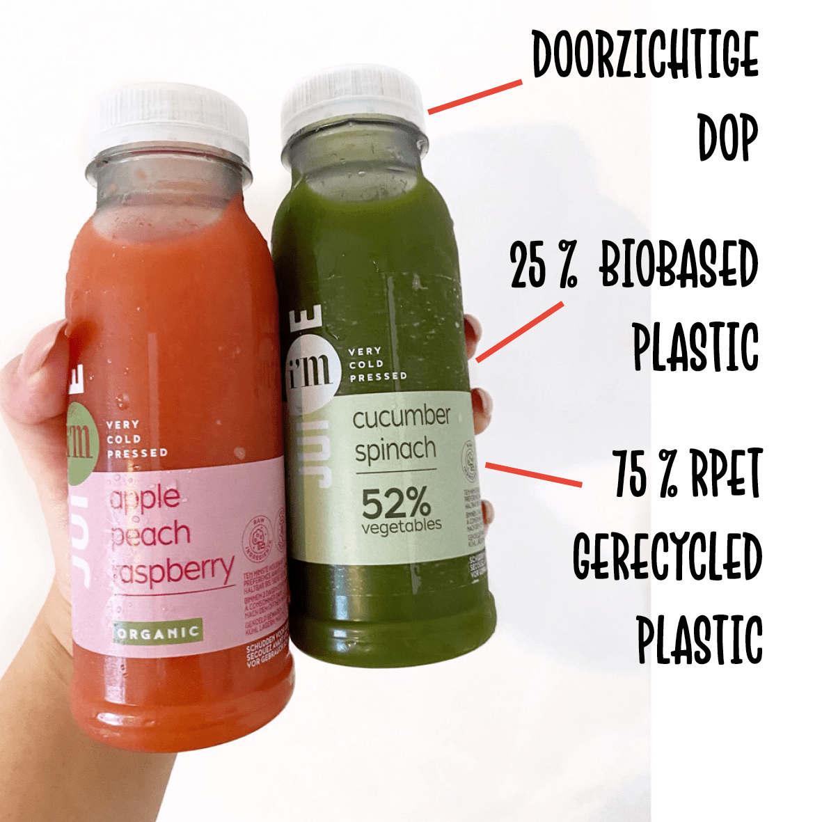 Compostable juice bottles. HPP juice. A Plant-based product in a plant  bottle.